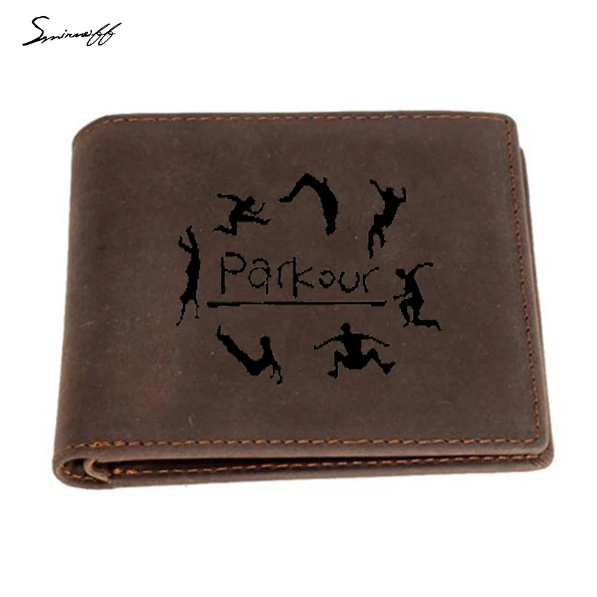 

Custom Name Boyfriend Gifts Wallet Engraved Picture parkour Purse Male Card Holders Real Leather Two Fold Vintage Short Wallet