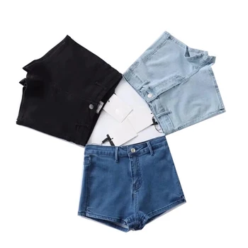 

Europe and the United States sexy high waist stretch denim shorts a buckle package hip was thin tight side open fork hip