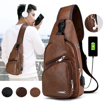 

Men PU Leather Sling Chest Pack Crossbody Sport Shoulder Bag + USB Charging Port