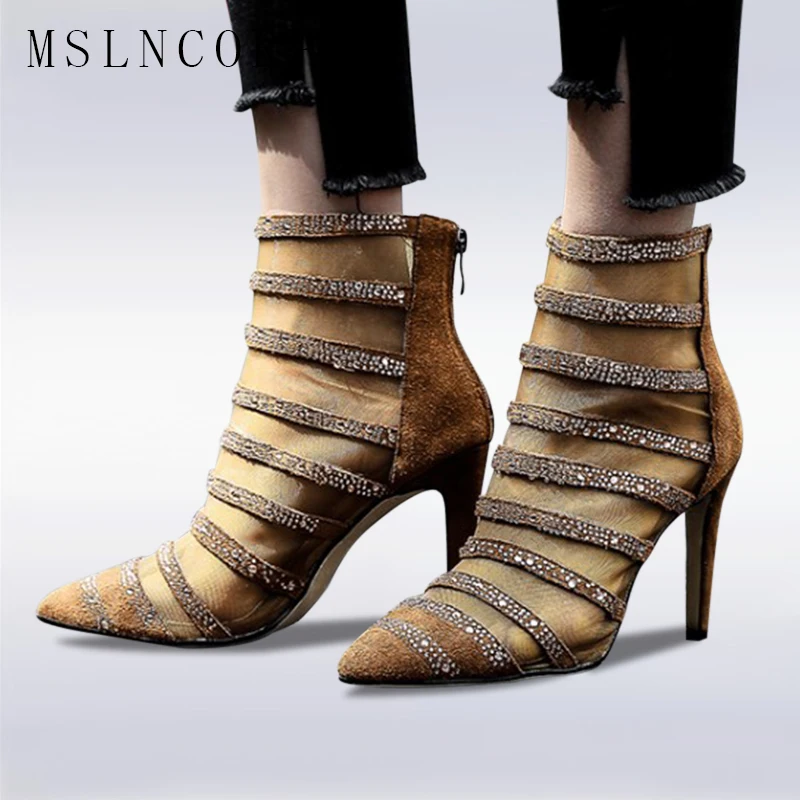

Size 34-43 Fashion Sexy Sandal Women Crystal Net yarn Lace High Heel Sandals Bootie Stilettos Pointed Toe Pumps Mesh Ankle Boots
