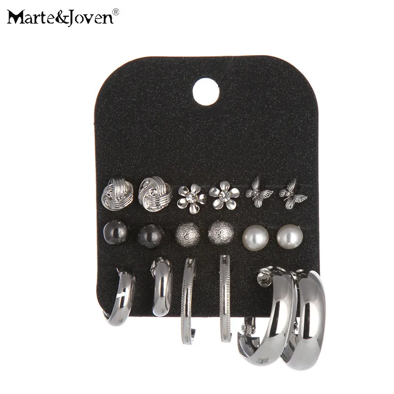 

Marte&Joven Vintage Silver Color Alloy Flower Earrings Set Butterfly Mixed Round 9 Pairs Week stud earrings For Women