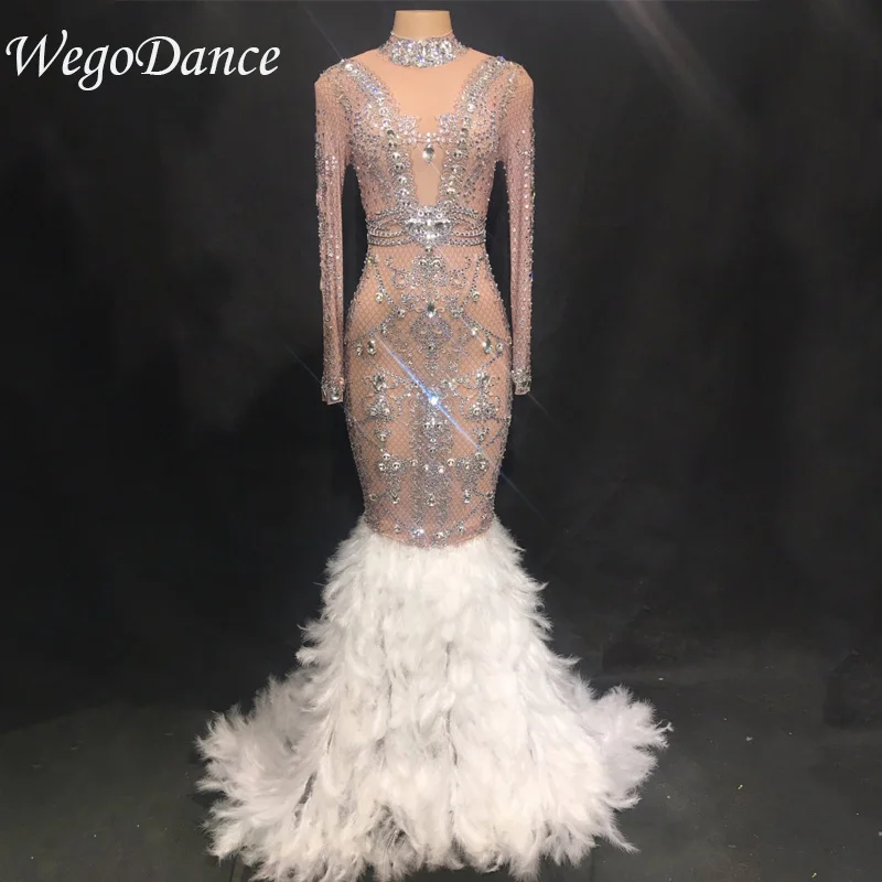 

New Fashion Luxurious Sparkly Crystals See Through Mesh Long Feather Dress Birthday Celebrate Stones costume Bridal Dresses