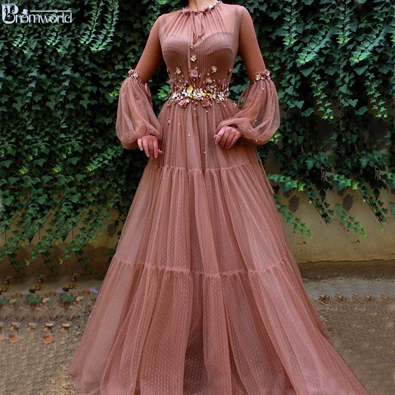 Blush Muslim Evening Dresses A-Line Long Sleeves Flowers Tulle Islamic Dubai Kaftan Saudi Arabic Elegant Long Evening Gowns