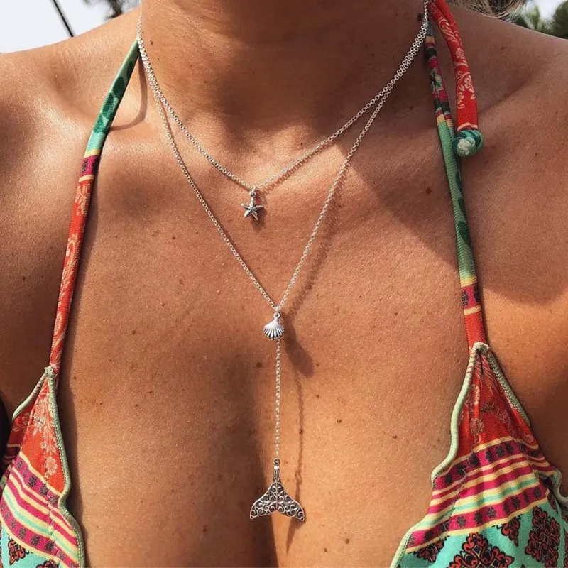 

Charms Bohemian Beach Starfish Shell Mermaid Fish Tail Pendant Chokers Necklaces Multi Layer Necklace Collar For Women Jewelry