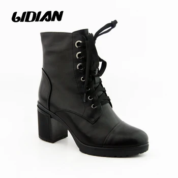 

LIDIAN Women Boots Genuine Leather handmade Motorcycle Woman Ankle boots Round Toe short plush High heels Woman shoes B22