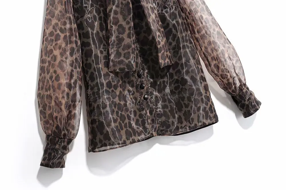 Модная леопардовая блузка из органзы, женская рубашка с рукавом-фонариком и воротником-бантиком, высококачественные топы, женская блузка кофейного цвета