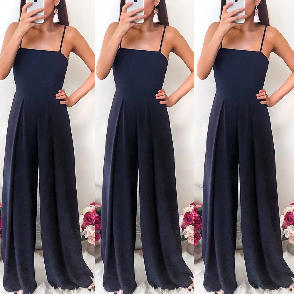 

2018 Fashion Women Sleeveless Jumpsuit Sexy Off Shoulder Navy Blue Chiffon Jumpsuit Party Playsuit Clubwear Long Pant Summer