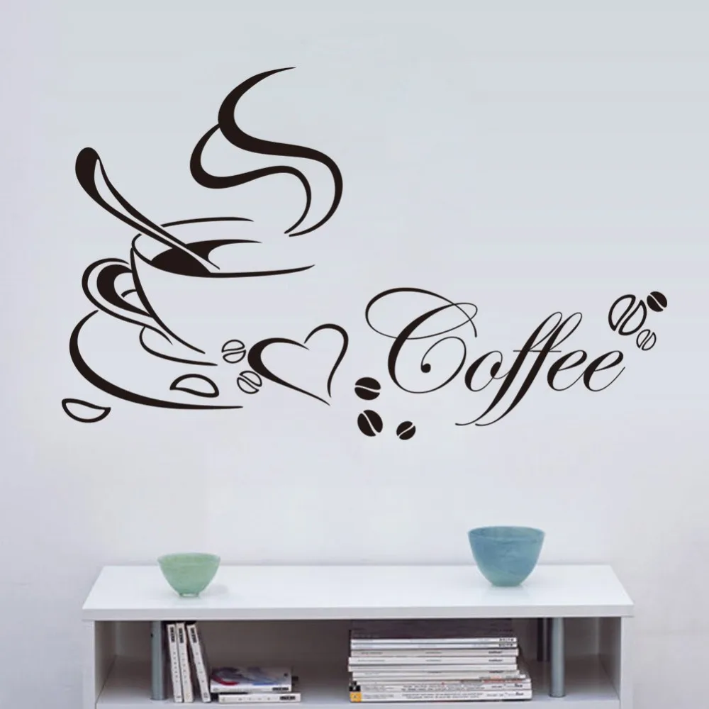 % Coffee cup with heart vinyl quote Restaurant Kitchen removable wall Stickers DIY home decor wall art MURAL Drop Shipping 1