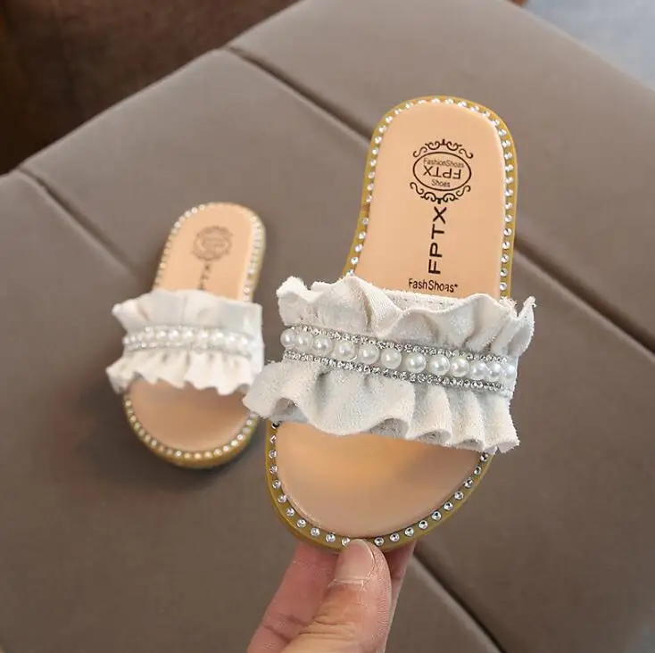 Kids Slippers for Girls Pearl Sandals Summer Baby Slippers Flat Princess House Flip Flop Children Non-slip Korea Casual Shoes
