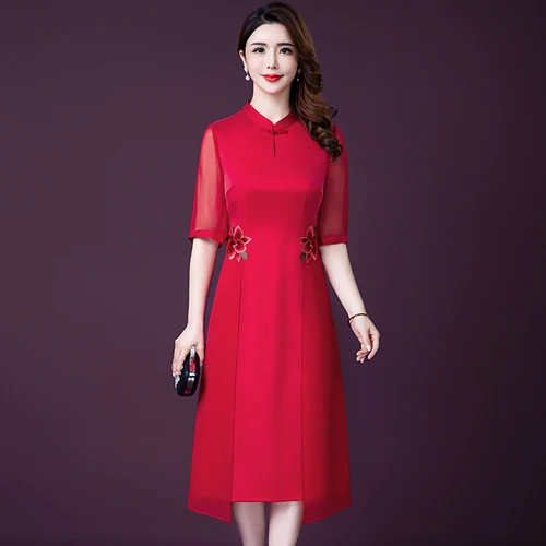 

2019 Spring Summer Fashion Improvement Cheongsam Silk Women Dress New Style Big Code Xxxxxl Elegant Temperament Female Dresses