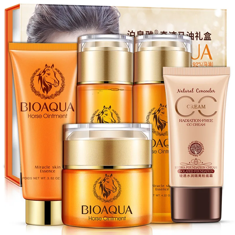 

Horse Oil Whitening Face Cream Facial Cleanser Face CC Cream Essence Skin Crea Set Moisturizing Anti Wrinkle Anti-Aging