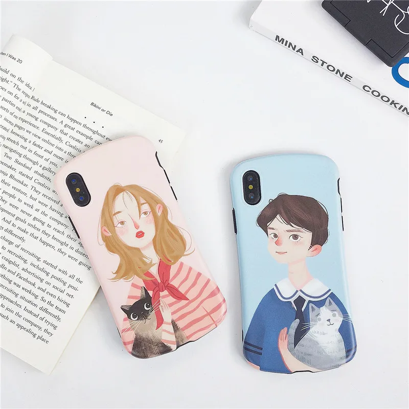 cute cartoon boys girls Holding cat IMD pink blue soft shell phone Case For Apple iphone6 6s 7 8 Plus X XS XR MAX silicone case |