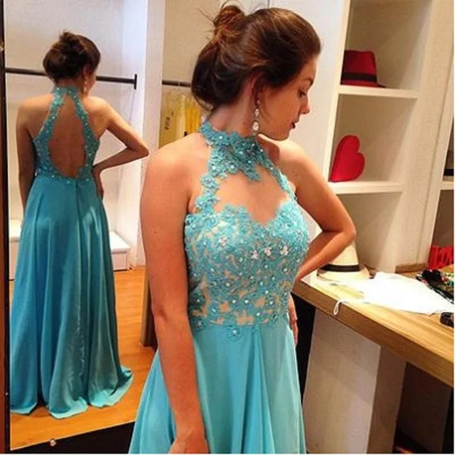 Sexy Halter Blue Chiffon Prom Dresses 2017 New Appliques Beads A Line Pageant Evening Gowns Party | Свадьбы и торжества
