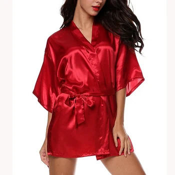 

Red Chinese Women's Satin Robe Bath Gown Hot Sale Kimono Yukata Bathrobe Solid Wedding Dressing Gowns Bride Mini Robe Sleepwear