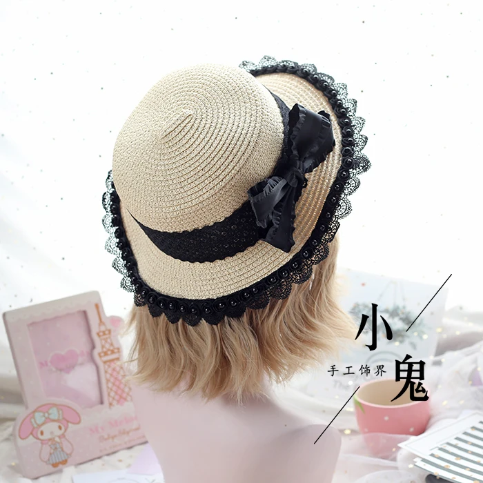 Простые черные Ретро Mori Girl летние соломенные шляпы для женщин с кружевным бантом пляжная шляпа от солнца японская Лолита Kawaii принцесса Strawhat ручной работы