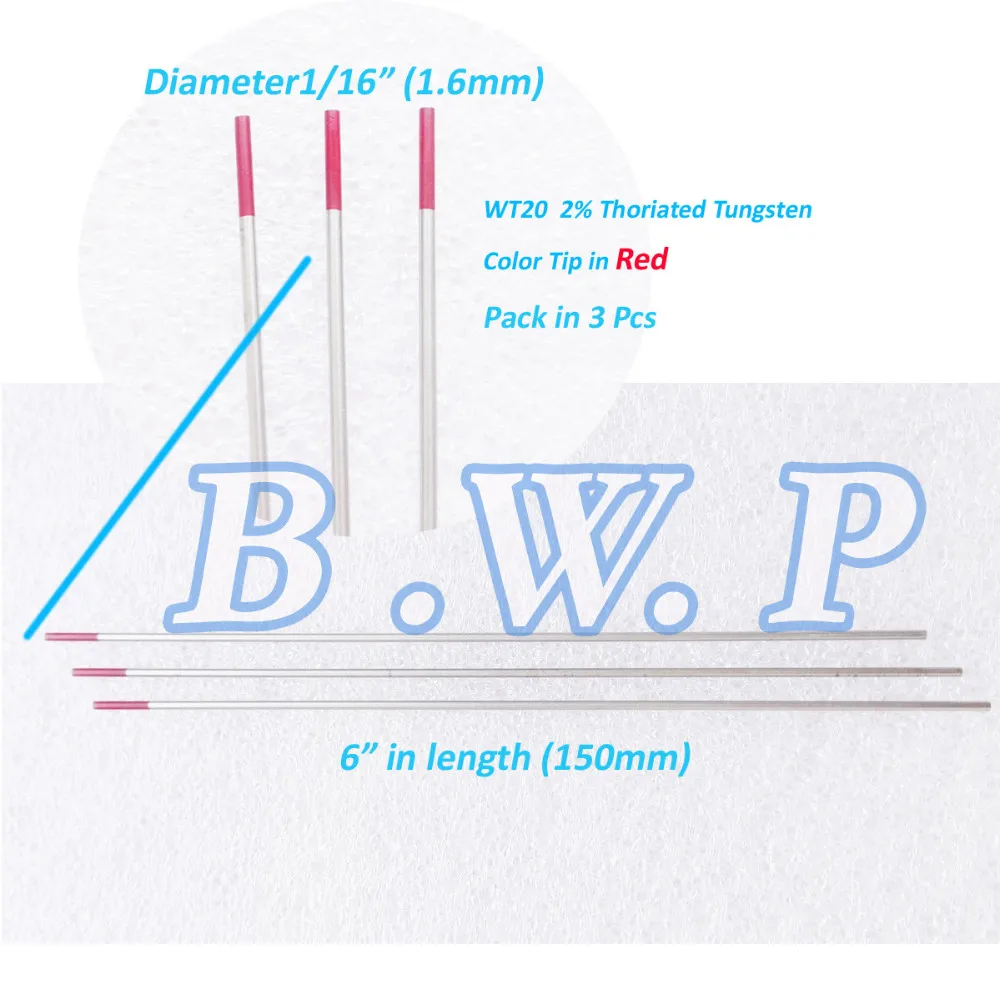 3-PK WT20 1/1" /6" Вольфрам электроды 2% торированный Красный наконечник 1,6 мм x 150 мм для TIG сварочные аппараты сварка