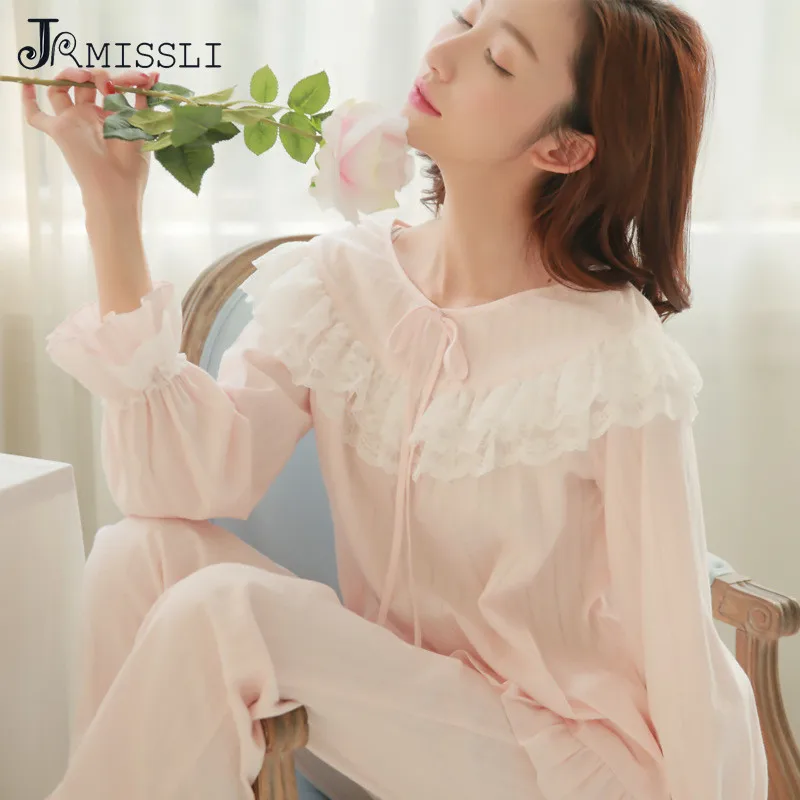 JRMISSLI Pajama Sets Cotton Sleepwear Lace princess Women Home Wear