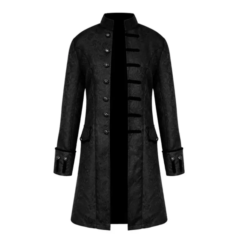 Мужской Фрак в стиле стимпанк, Ретро Готический викторианский пиджак, воротник-стойка, жаккардовое платье с цветочным рисунком, пальто для Хэллоуина, карнавальный костюм - Цвет: Черный