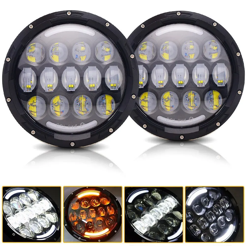 105W 7 Round LED Headlights White DRL Amber Turn Signal For Hummer H1 H2 H3 LED