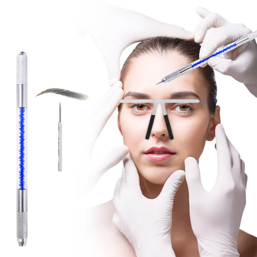 

Eyebrow Ruler Tattoo Manual Pen Kit Set with Round Needles Eyebrow Microblading Permanent Makeup Metal Measure Shaping Stencil