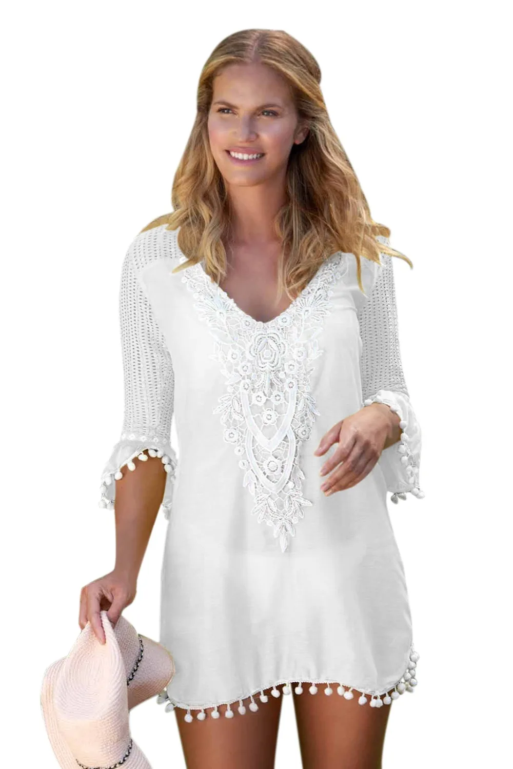 White-Crochet-Pom-Pom-Trim-Beach-Tunic-Cover-up-LC42231-1-1
