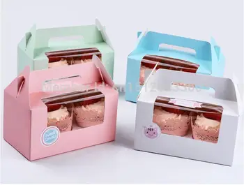 

Free Shipping 100pcs/lot Card Paper Party Cupcake boxes, Cake Packaging Boxes holder 2pcs cupcake with handle muffin box