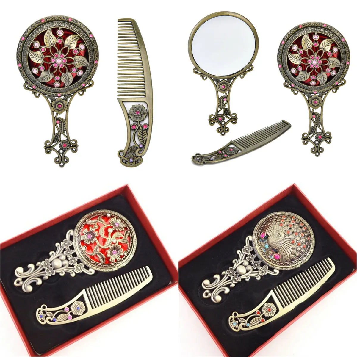 

2pcs/Set Retro Makeup Mirror Makeup Compact Flower Mirror Comb Cosmetic Mirror Female Gifts