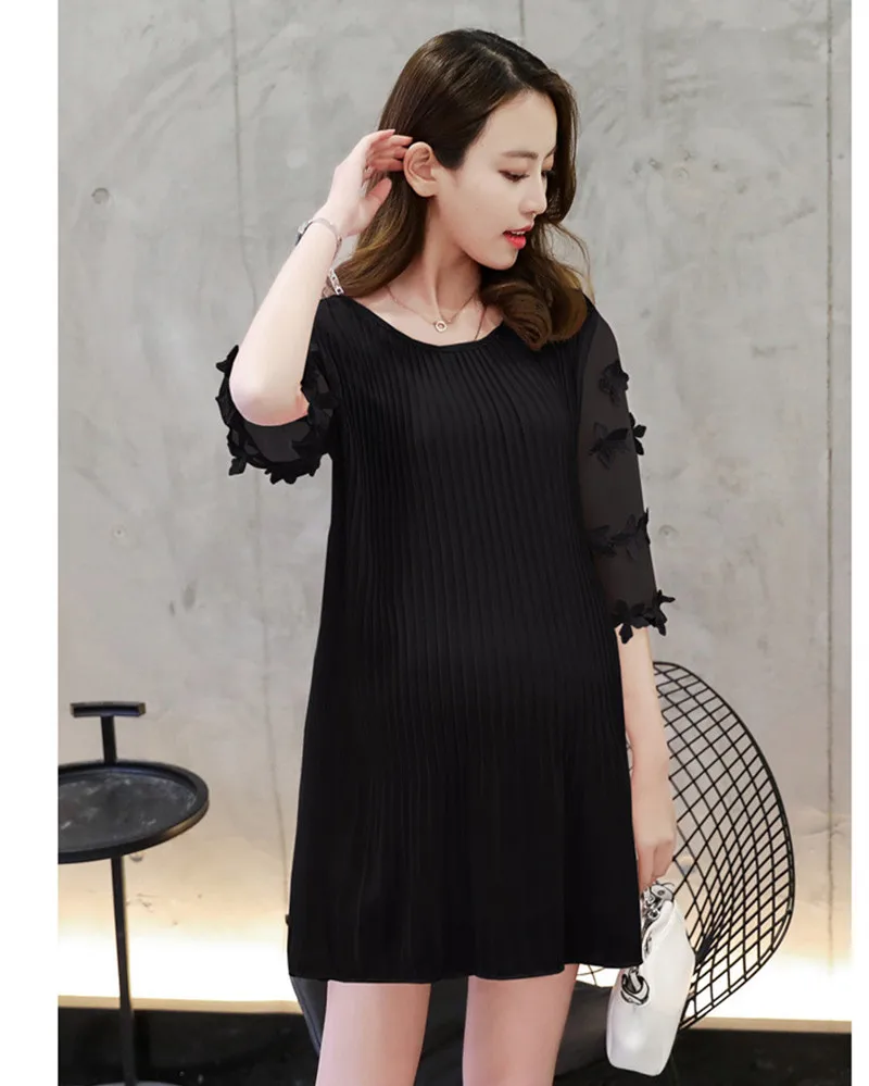 Maternity Women Chiffon Sheer Pleated Dress 3D Flower Half Sleeve Chic Cute Pregnancy Tops Summer Style Pink Black Gray Dress  (5)