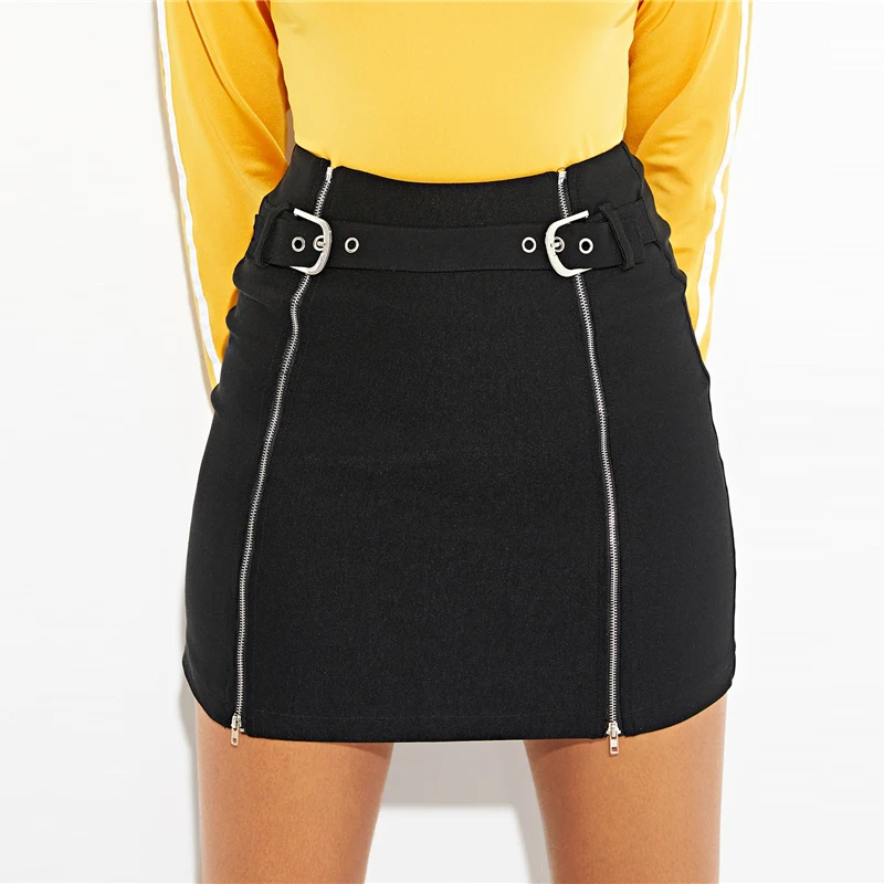ROMWE юбка на молнии с пряжкой шикарная уличная черная мини-юбка со средней талией дизайнерская Летняя женская пикантная юбка выше колена