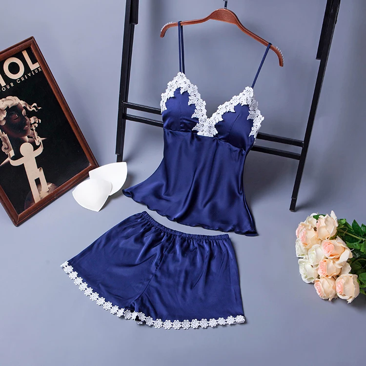 

Summer Sexy Silk Pajamas For Women Fashion V -neck Spaghetti Strap Nightwear Females Sleep Lace Edge Suit Lingerie Homewear Tops