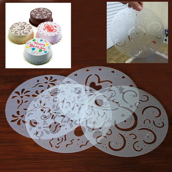 

Sale 4Pc/lot Plastic Cake Stencils Flower Spray Stencils Birthday Cake Mold Decorating Bakery Tools DIY Mould Fondant Template