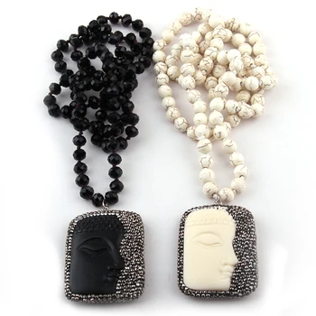 

Fashion Bohemian Tribal Jewelry Long Knotted Handmake Paved buddha face Pendant Necklaces Women Ethnic Necklace