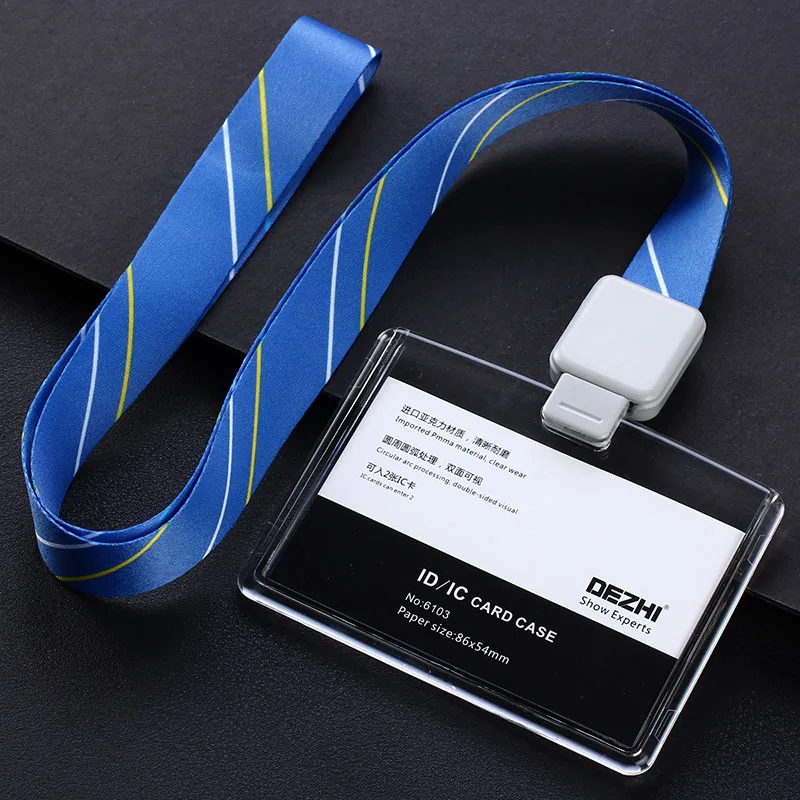 DEZHI-абсолютно выдвижной пользовательский ремешок с полным прозрачным Бизнес ID держатель карточки IC, вертикальный горизонтальный доступный - Цвет: H blue stripe rope