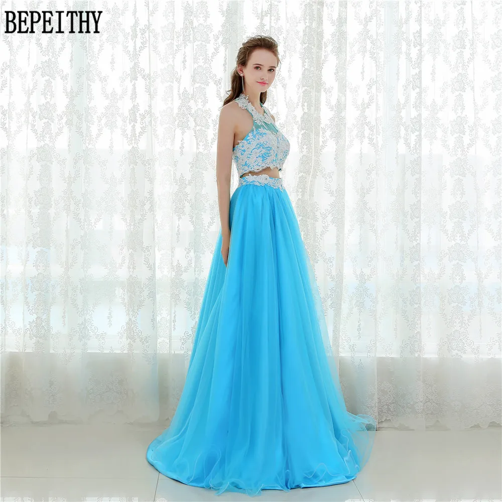 9   BEPEITHY New Design 2017 Long Two Pieces Prom Dresses Vestido De Festa Longo Lace Light Blue Tulle Prom Evening Party Dresses (7)