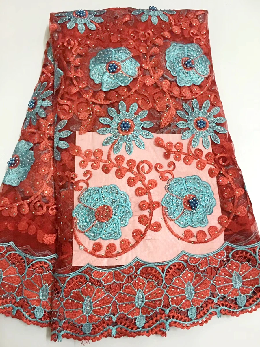 

2018 French lace embroidery with heavy stone beads Nigerian cinnamon lace gauze fabric