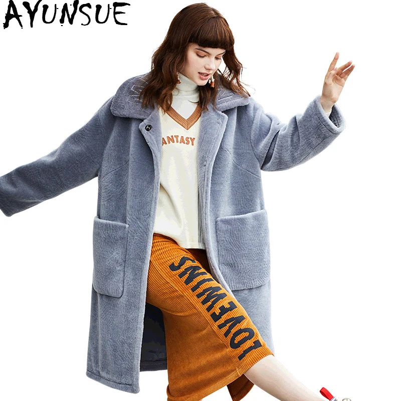 AYUNSUE/Женская куртка из овечьей шерсти однотонная натуральная шерсть шуба Женская