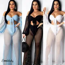 Женский сексуальный купальник из сетчатой ткани, летний пляжный прозрачный кружевной купальник бикини в сеточку, комплект из 2 предметов, Прозрачное платье с длинным рукавом