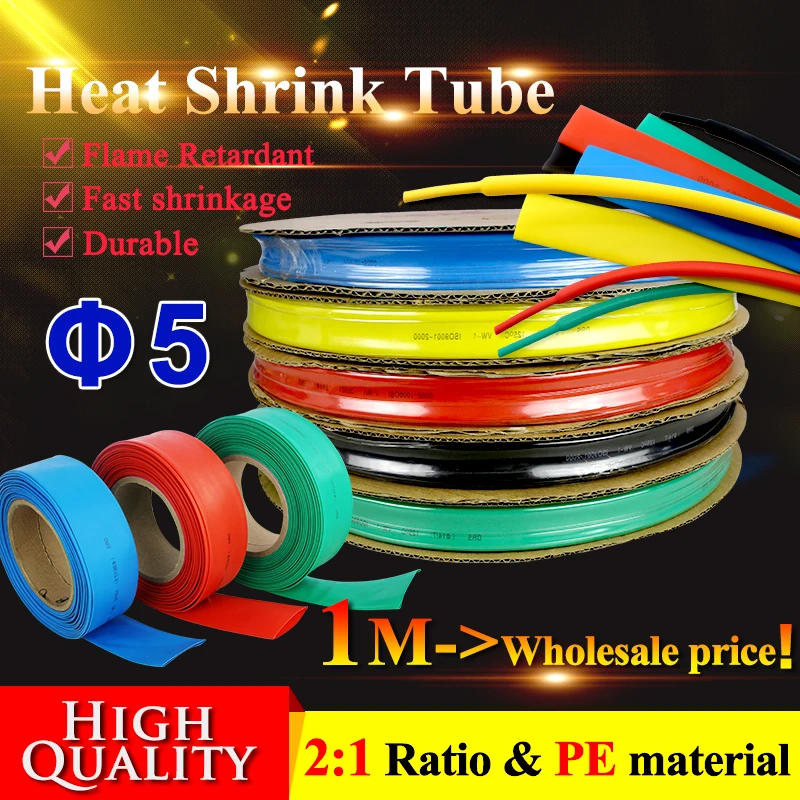 

1meter/lot 5mm Heat shrink tube 2:1 Shrinkable Tubing Heatshrink tube Colorful Cable sleeve Wire wrap kit high quality