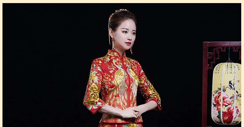 Красный вышитые Павлин Пион Cheongsam торжественное платье Китайский Для женщин Vestido Oriental элегантные длинные Qi Pao Благородный вечерние Show