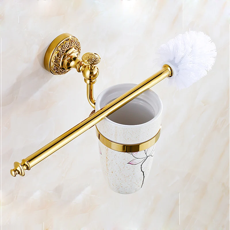 

Gold Plated Bathroom Flower Painting Cup Wall Mounted Toilet Brushed Holder