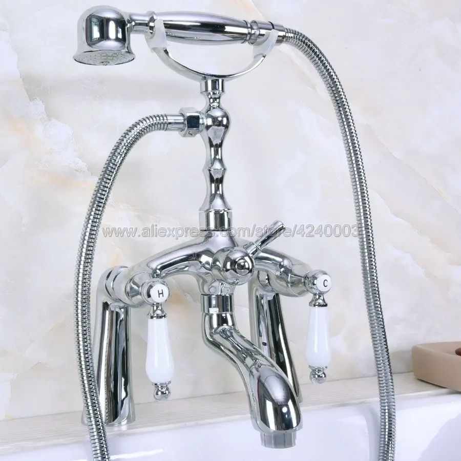 

Polished Chrome Deck Mounted Two Handle Bathtub Faucet Telephone Style Dual Hole Bathtub Mixer with Handshower Head Kna103