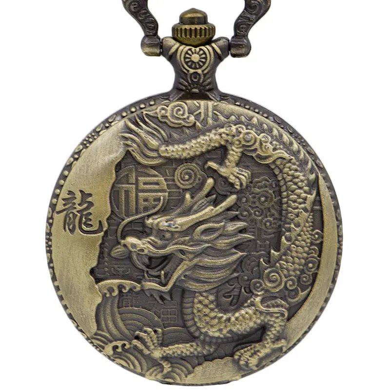 Винтаж Бронзовый Китайский дракон кварцевые карманные часы с цепочкой Ретро для мужчин женщин кулон часы с ожерельем подарок CF1039