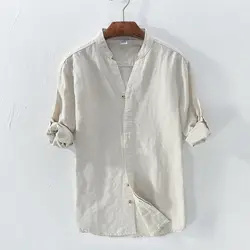 Мода 2018 весна и осень мужская v-образным вырезом Длинные рукава льняные рубашки повседневная мужская хлопковая рубашка мужская одежда
