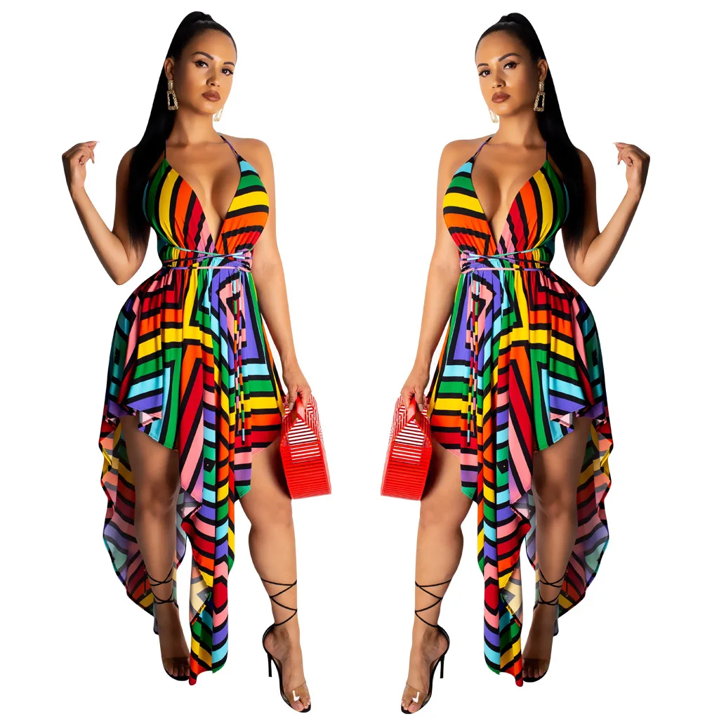 

Women Strap V-neck Rainbow Stripes Printed Backless Irregular Dress Holiday Dress