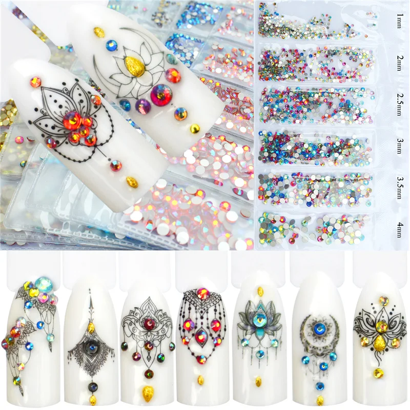 

FWC 1440PCS AB Color 3D Nail Glitter Diamond Mixed Size Flatback Rhinestones Tips Tool Set for Nail Art Decorations
