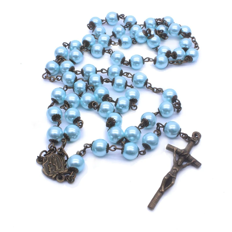 

Vintage Blue Glass Beads Rosary Cross Pendant Necklace For Men Women Religious Jewelry