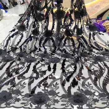 

New Tulle French Laces Fabric 3D Big Gleamy Sequins Flower embroidery African Lace Fabrics High Quality 2019 For Wedding