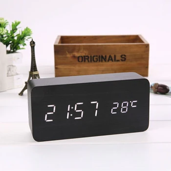 

Desktop Clock Humidity Temperature Display Table Clock Modern Digital LED Alarm Clock Sound Control Wooden Despertador