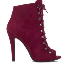 Привлекательные женские ботильоны из замши винного цвета на каблуке–шпильке Украшенные туфли-лодочки на высоком каблуке с открытым носком шнуровкой ремешками и пряжками Размер US10