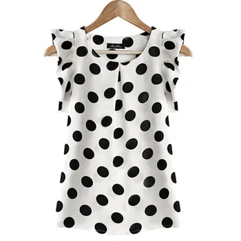 

Fashion Breathable Girl's Dots Blouse Women Casual Chiffon Shirt Sleeveless Ruffle Sleeve Shirt Summer Tops Black White Lady